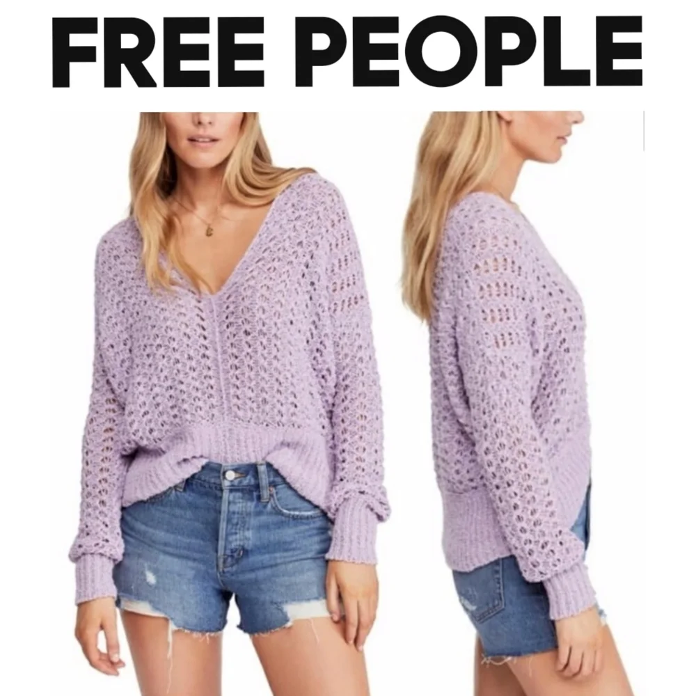 Free People Best Of You Open Weave Knit V-Neck Sweater in Light Purple Moo Sz XS - Picture 1 of 15